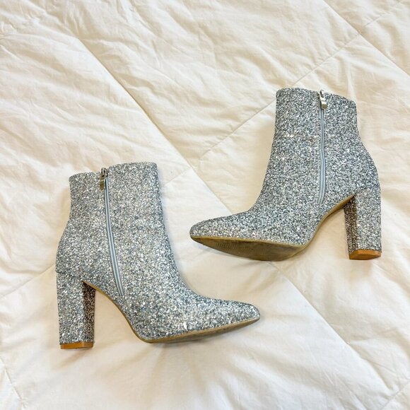 SHEIN Silver Glitter Ankle Booties Women’s Size 8 Block Heel Pointed Toe - Picture 3 of 6